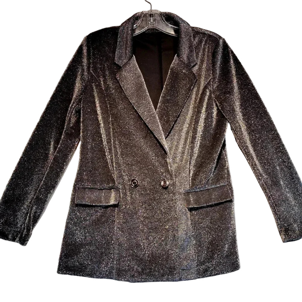 Amisu Women's Silver Long Sleeve Metallic Double Breasted  Blazer in Size 38